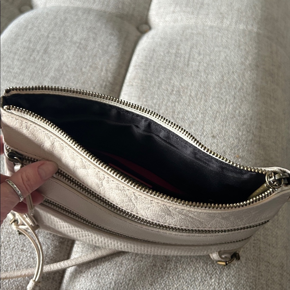 ELLIOT LUCCA LEATHER 3 ZIPPER DESIGN CREAM COLOR CROSSBODY BAG - Picture 12 of 16